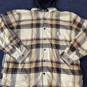 Carhartt Jacket Mens XL Tan Plaid Hooded Fleece Lined Rugged Flex Parka Outdoor